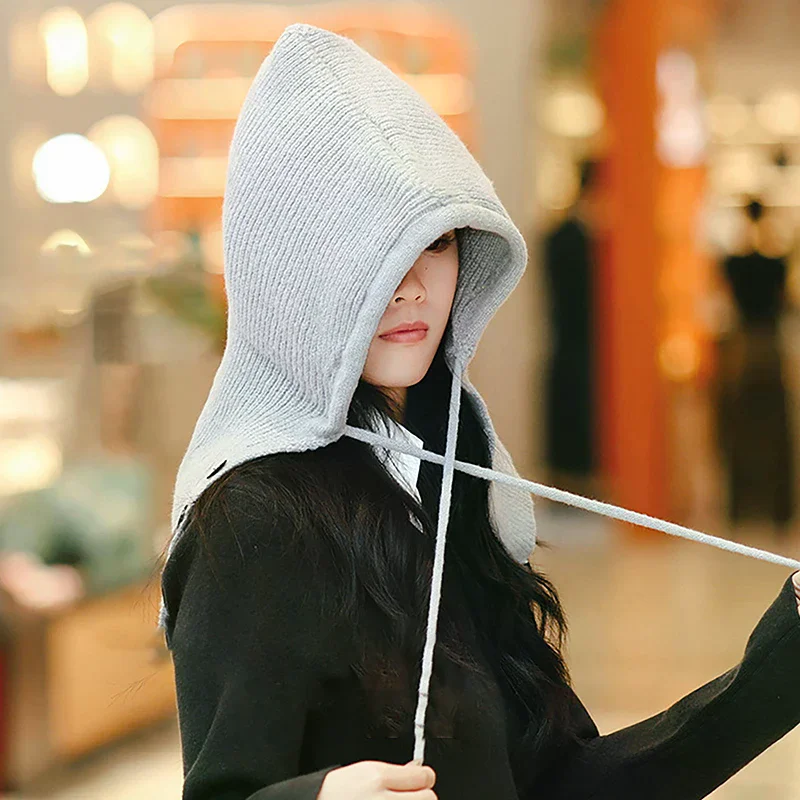 

Зимний вязаный шарф с капюшоном, женская теплая шапка с защитой ушей, шаль, шапка для езды на велосипеде, морозостойкая интегрированная теплая шапка для шеи