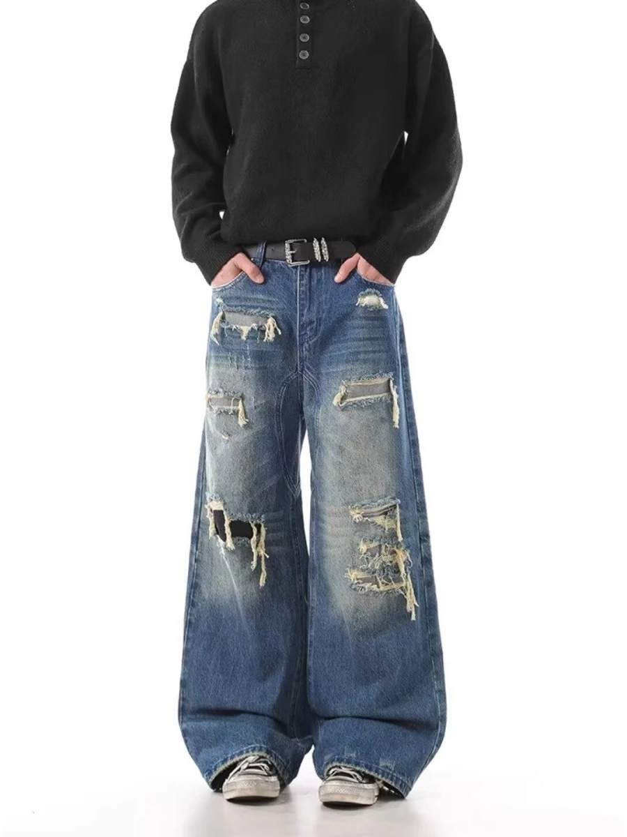 

American Style Men's Ripped High Waist Jeans Summer New Straight Leg Loose Fit Denim Pants for Pear Shaped Body Washed Effect