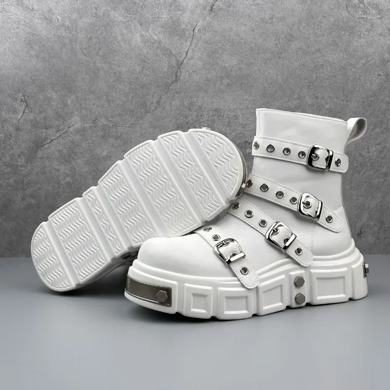

Trend Designer Shoes Men Boots Punk Style Metal Buckle Male Short Motorcycle Boots Fashion Thick Soled Men Leather Ankle Boots
