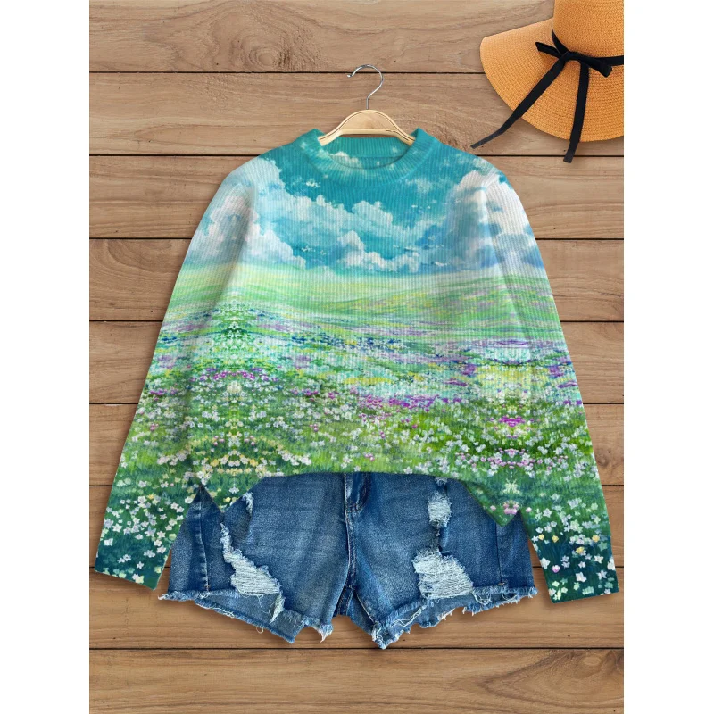 

Colorful Meadows Chart Figures Print Girl Sweater Knit Pullover Warm Soft Loose Crew Neck Long Sleeve Autumn Winter Casual