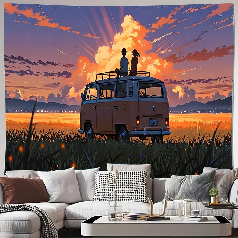 Sunset Van Couple Field Sky Anime Style Wall Tapestry Machine Washable All Season Decor Print Home Enhance spatial aesthetics