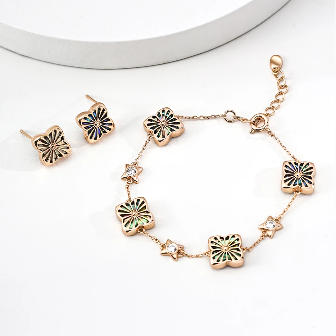 VOBIPY 925 Sterling Silver Natural Abalone Shell Earrings Bracelet For Women Certified Gold Plated Four Leaf Clover Jewelry