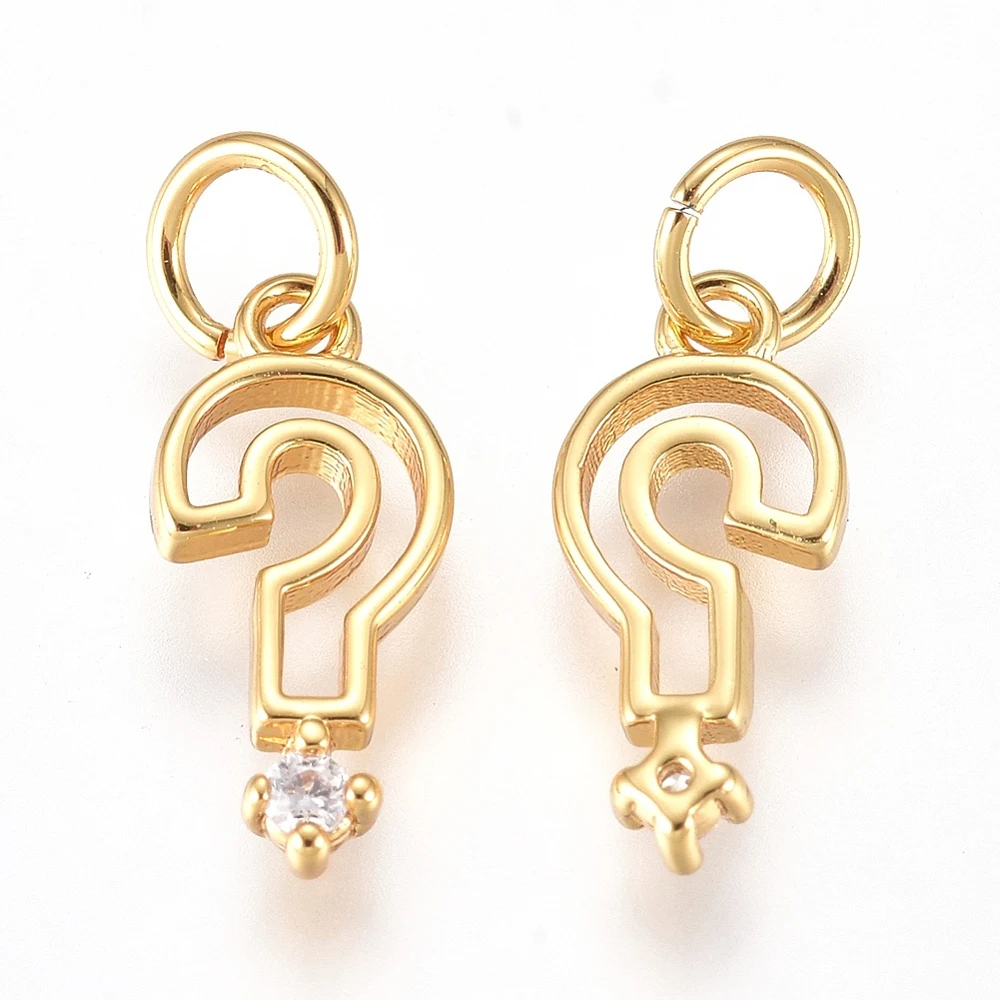 1Pcs Brass Punctuation Charms with Micro Pave Cubic Zirconia and Jump Rings Question Mark Clear Golden for Women Birthday