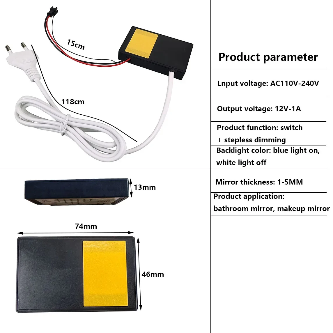 مفتاح لمس مرآة AC110V-220V مع تعتيم بدون خطوات مناسب لمرايا الحمام ومرايا صالون الشعر ومرايا المكياج حسب الطلب