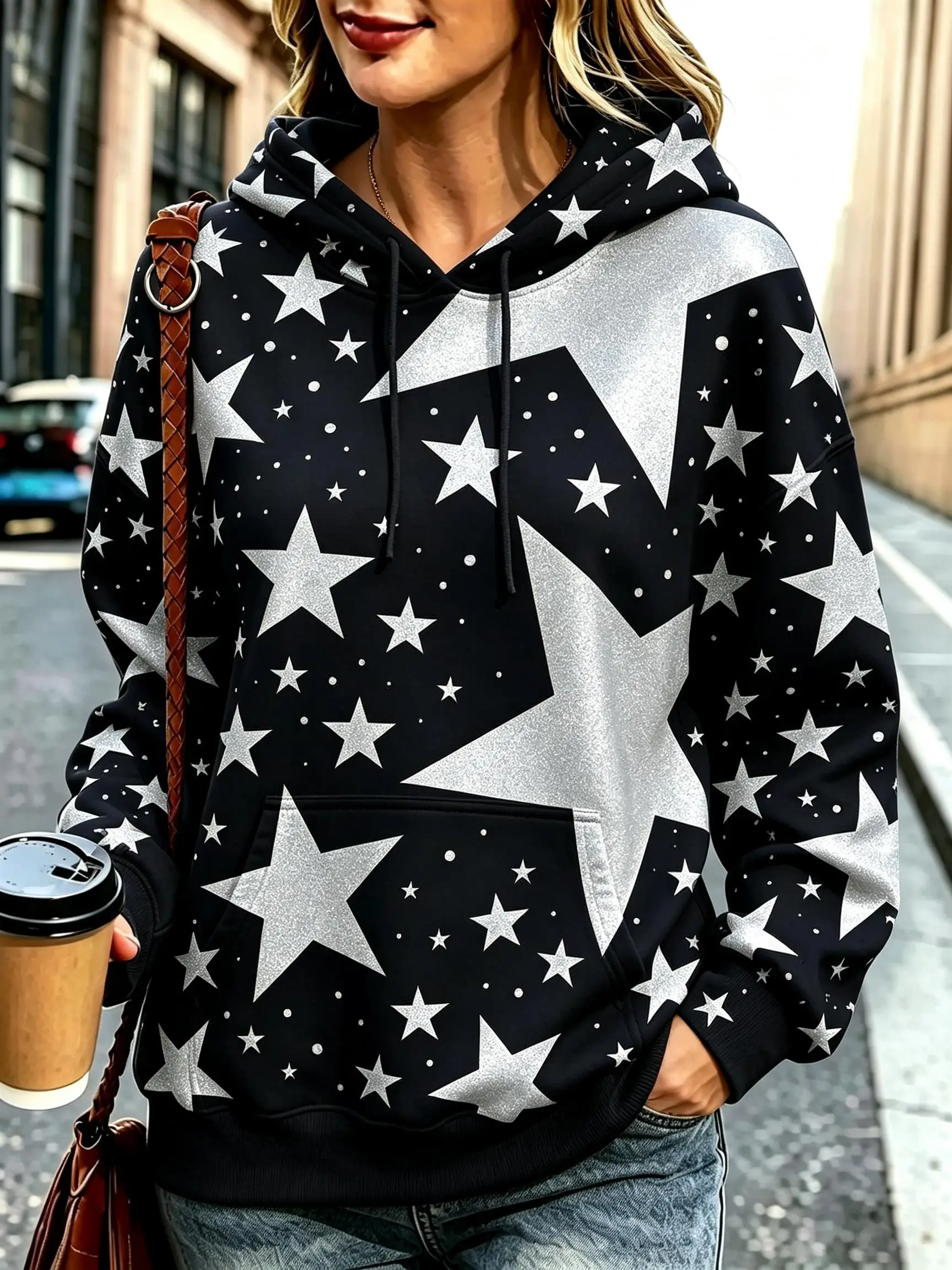 Women Fleece Hoodie Retro Multi Size Star All Over Print Hooded Sweatshirt, Casual Streetwear Graphic for Ladies