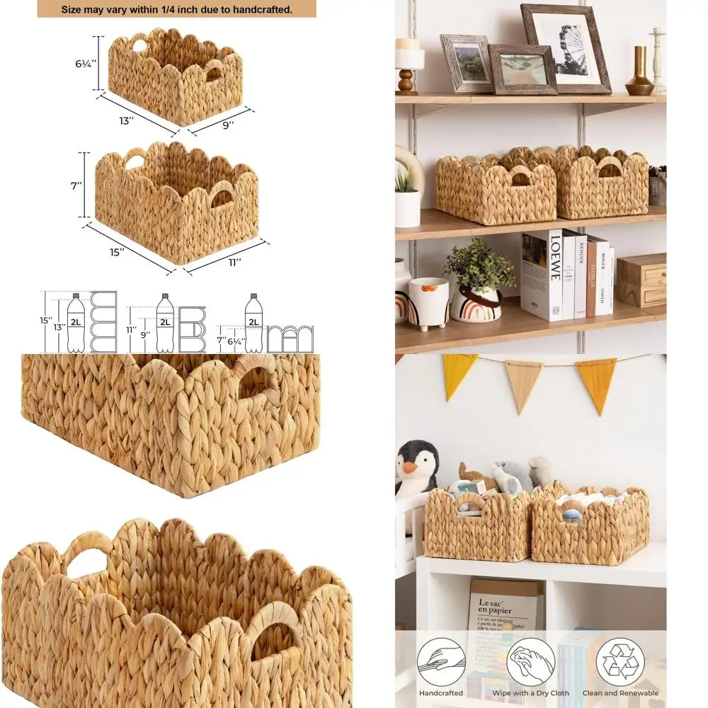 

Scalloped Edge Wicker Basket, Hand-woven Rattan Baskets with Built-in Handles, Water Hyacinth Basket for Organizing and Decor, 2