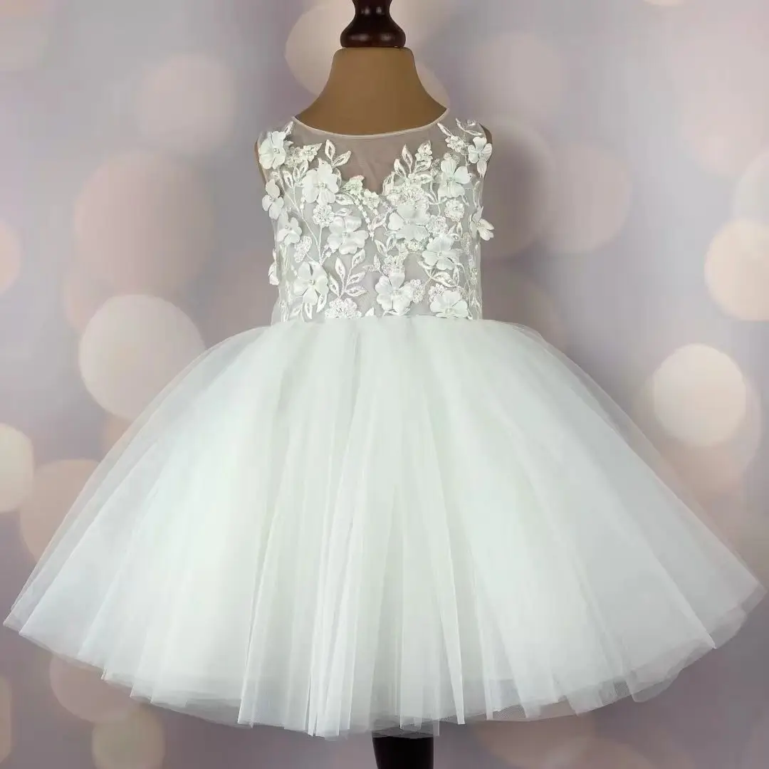 

Customized White Flower Girl Dress Tulle Floral Appliques With Bow Sleeveless For Wedding Party Birthday Holy Communion Gown