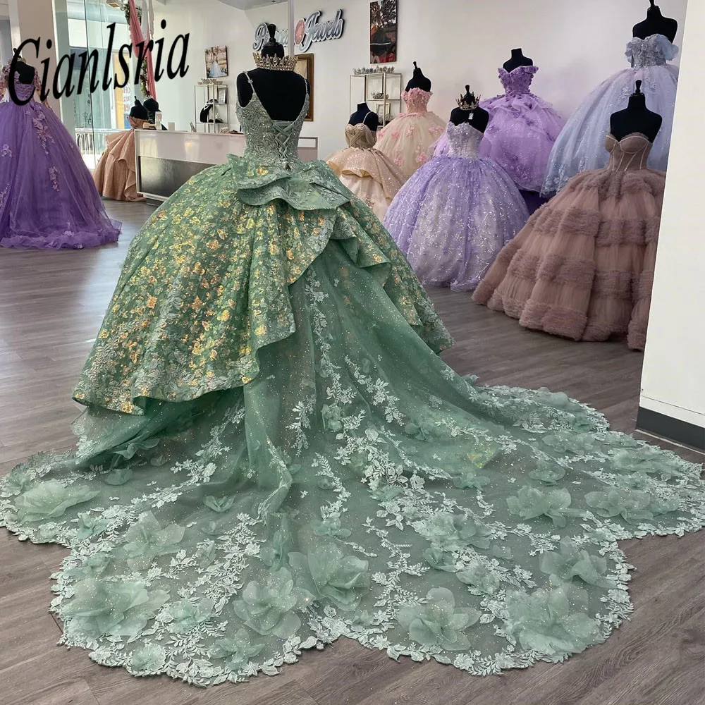 Mint Green Quinceanera Dresses 2023 Princess Prom Gown Tulle Lace Up Appliques Sweet 15 16 Dress Elegant Ball Gown