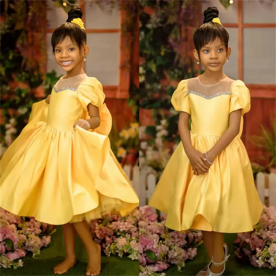 

Прекрасные желтые платья с цветочным узором для девочек, атласное платье трапециевидной формы принцессы длиной до колена с бантом, детские платья для первого причастия, дня рождения