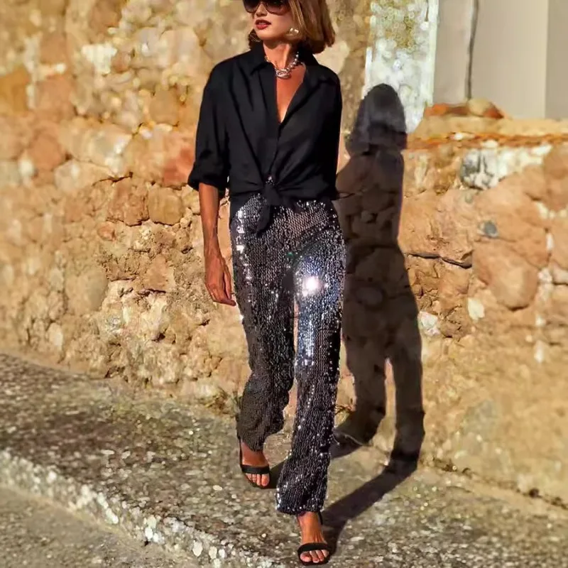セクシーな女性スパンコールフレアパンツ Y2K エレガントなハイウエストスパークルグリッタースキニースリムパンツナイトクラブウェアストリート