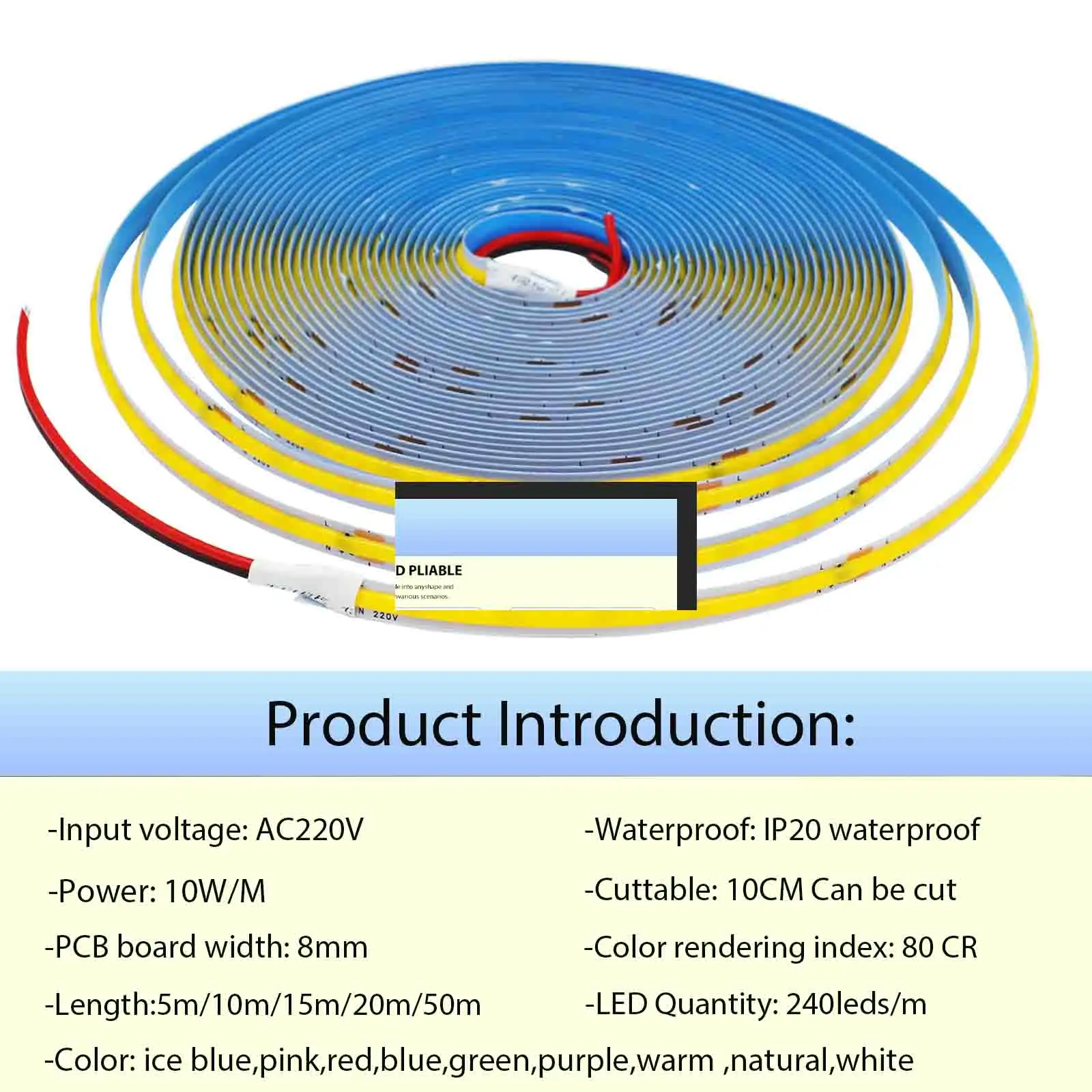 220V 5m 10m 15m 20m 50m COB Strip 240Leds/M 3000K 4000K 6000K Flexible Ribbon Rope LED Light Driver Build In Home Decor 8mm PCB