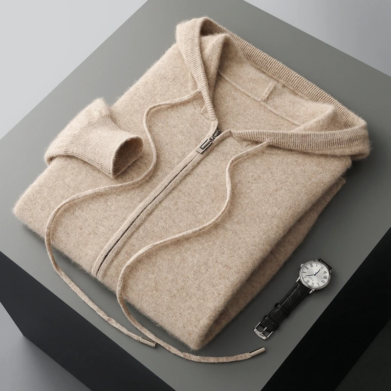 2025 New Men Knitted Plane Hooded Cardigan Cashmere Sweater Zipper Design Pocket Decoration High quality Thick Warmth Hoodie