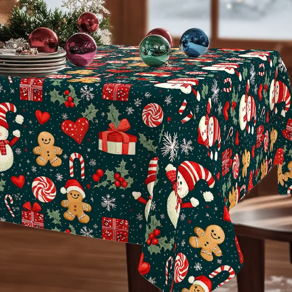 One tablecloth with green decorations, snowmen, gingerbread people candies, heart shapes and gift box patternsxzj