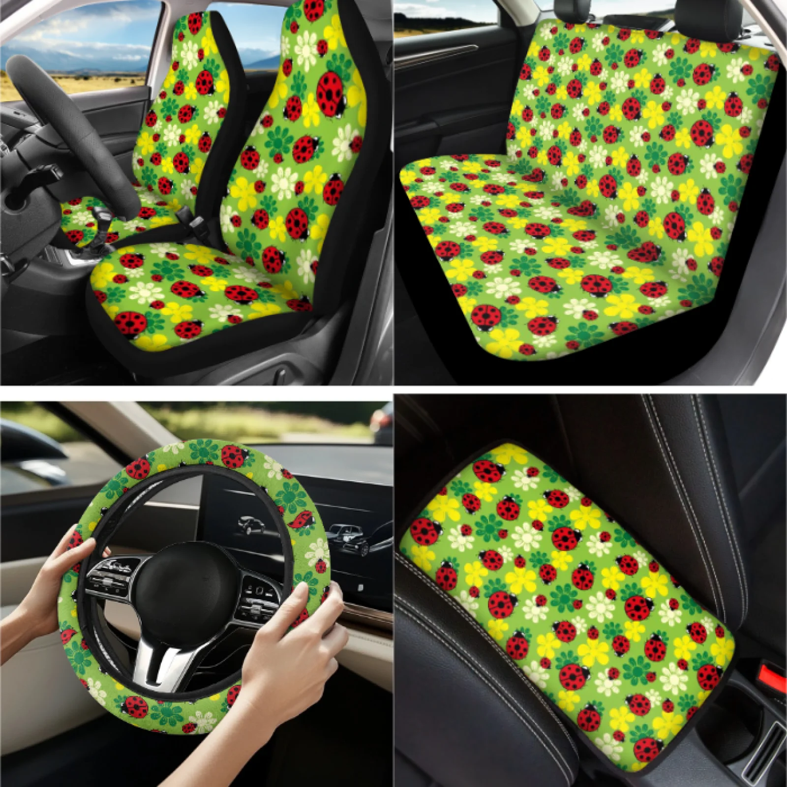 Coloranimal Flowers Print 13 PCS Auto Accessories with Protective Seat Belt Pads and Keychain Key Ring for Auto Interior