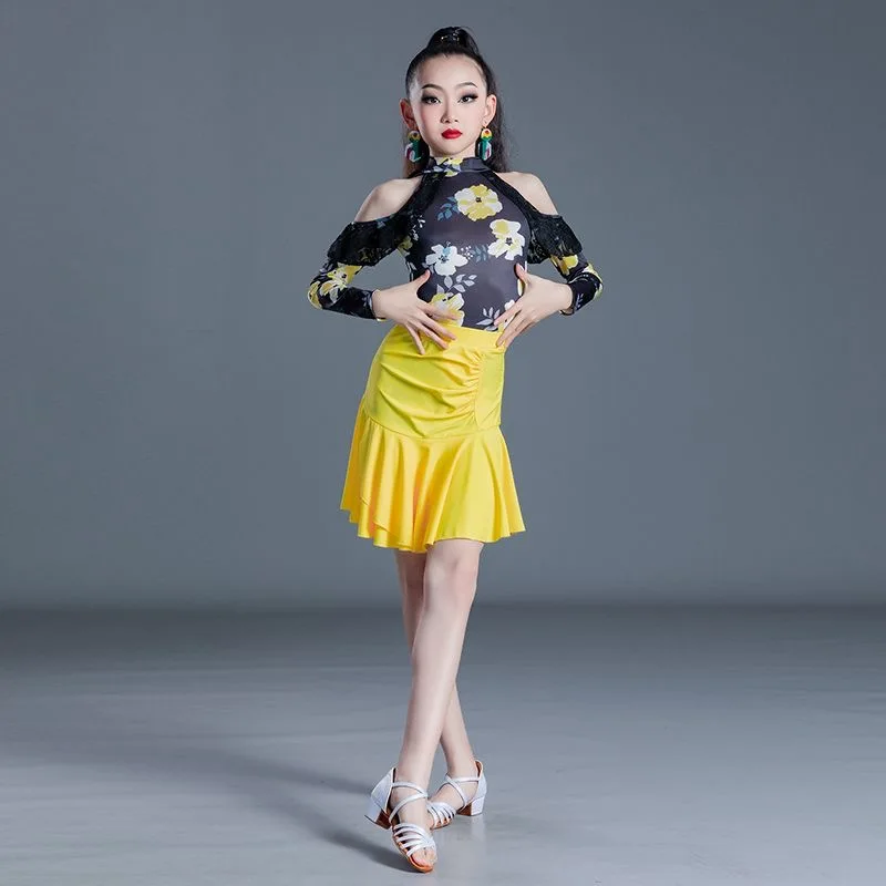 Girls Printing Latin Dance Dress Practice Set Summer Standard Art Test Split Dance Skirt Suit Performance Competition Dance Wear