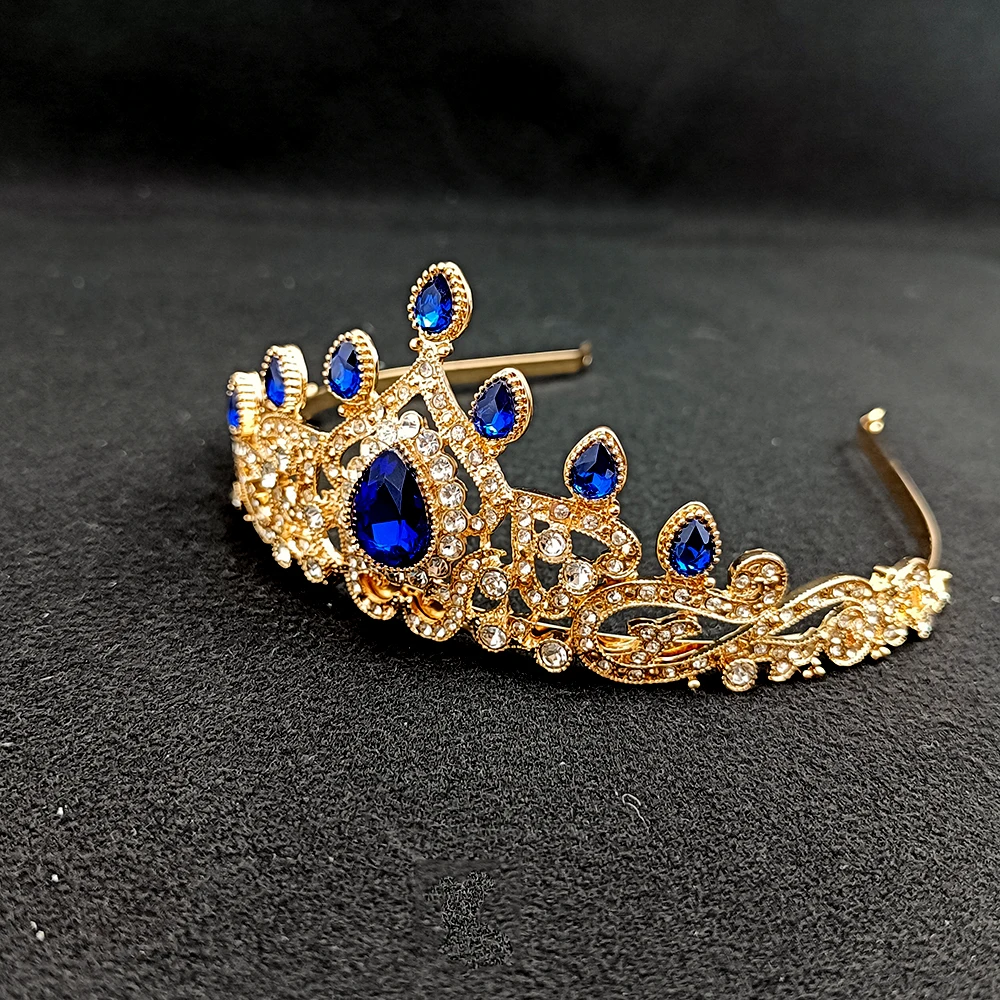 Algerian Women Hair Jewelry Gold Color Fashion Crystal Bridal Tiara and Crown Wedding Gift Royal Blue Green Red Faux Gems