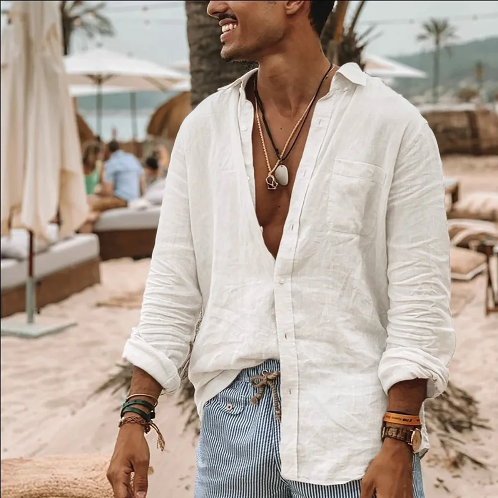 Camisa de manga longa masculina primavera verão leve praia camisas turn-down colarinho simples estilo básico único breasted topo