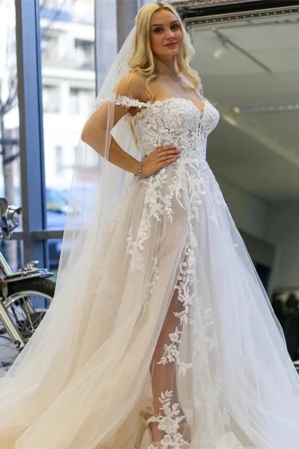 Lace Appliques Off The Shoulder Wedding Dresses, Side Slit Sweetheart Vestidos De Noiva, Plus Size