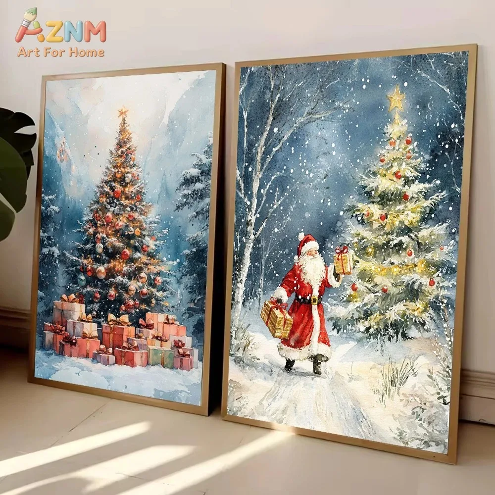 AZNM Vintage Christmas Santa Claus Snowman Canvas Wall Art, Retro Xmas Tree Reindeer Angel Poster, Festive Holiday Winter Decor - view 3