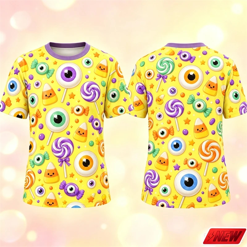 Halloween Candy Eyeball Pattern T Shirt Men 3D Print Candy Corn Star Swirl Cute Short Sleeve Tee Soft Party Novelty Top Unisex
