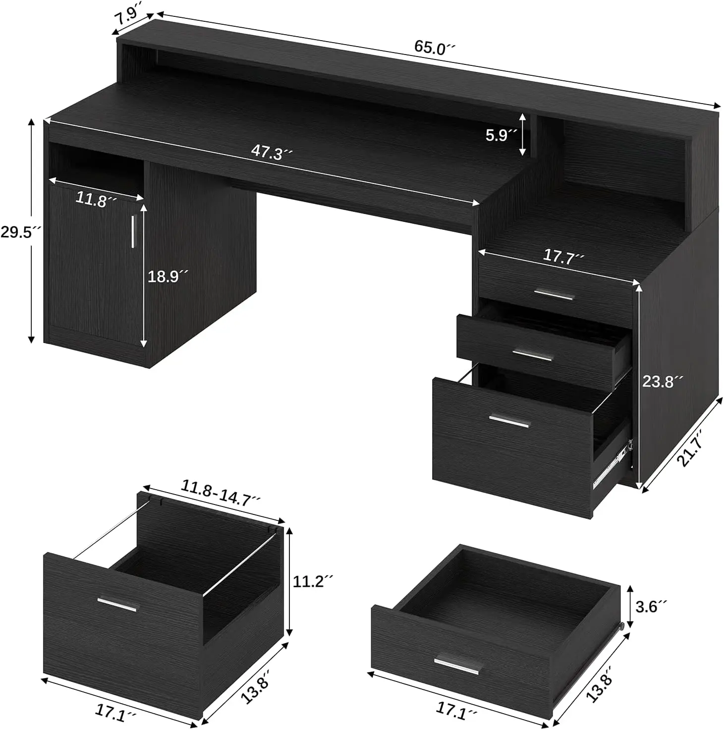 Escritorio para computadora con estantes de almacenamiento de 3 cajones, escritorio de oficina en casa con cajón para archivos, mesa de estudio de escritura con monitor largo