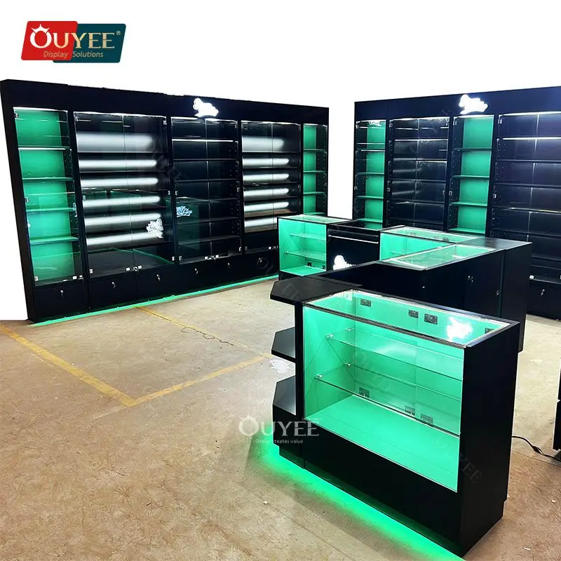 Customized-Wooden Cabinet Lighter Display Luxury Glass Display Cabinet Smoke Shop Store Fixture Shop