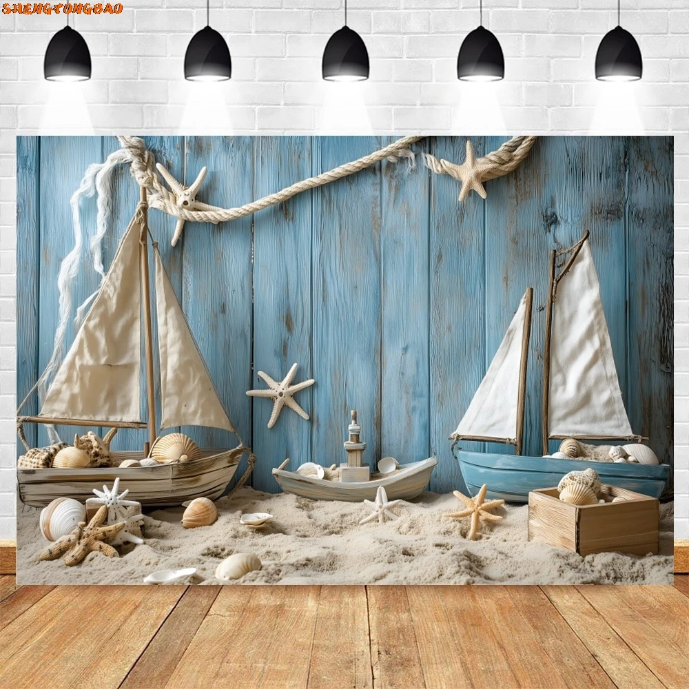 Toile de fond de photographie sur le thème de la voile d'été, voilier en bois, décoration de fête d'anniversaire pour enfants, fond de portrait d'enfants, plage