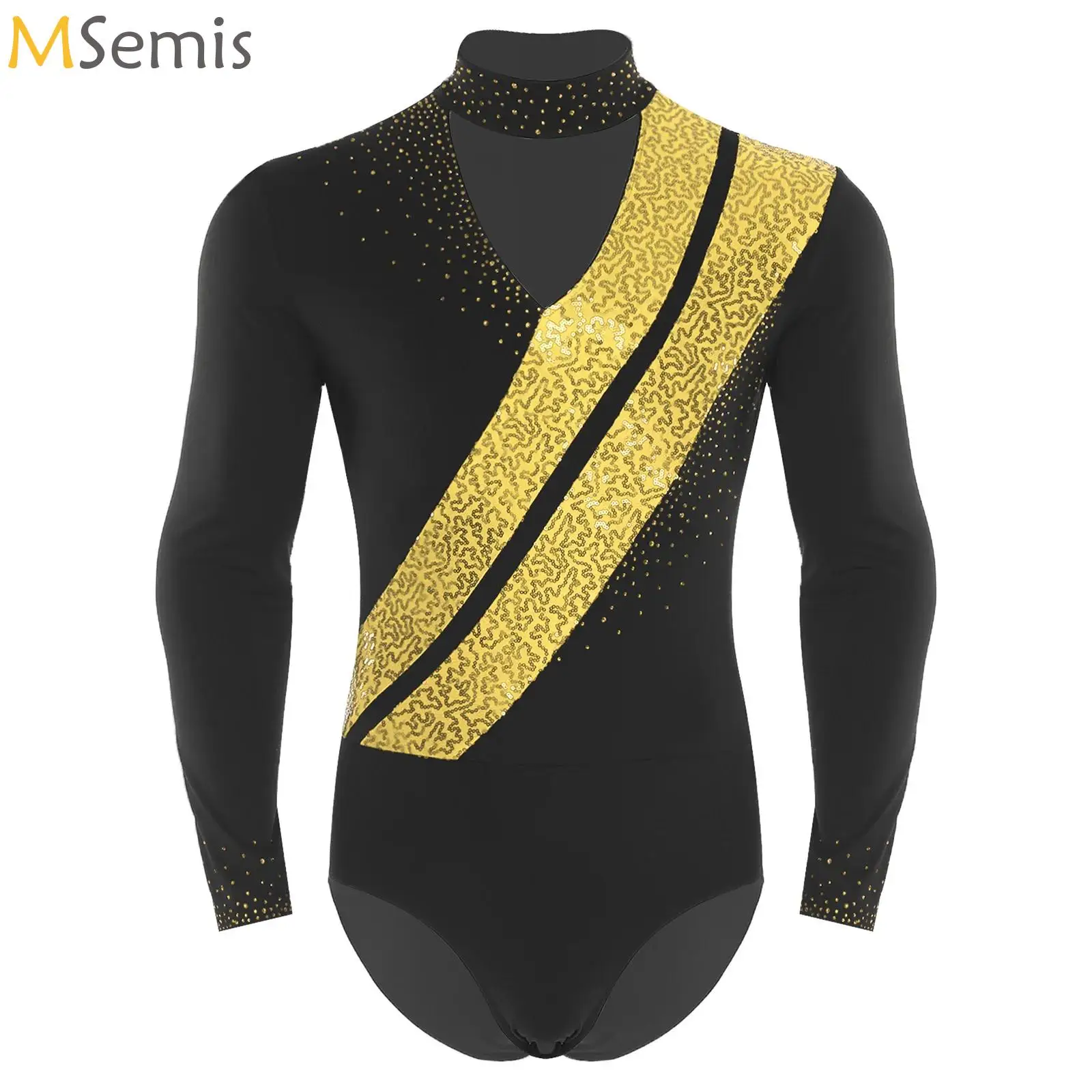 

Mens Figure Skating Jersey Glittery Sequins Bodysuit Hollow Long Sleeve Leotard Jumpsuit for Rhythmic Gymnastics Ballet Dance
