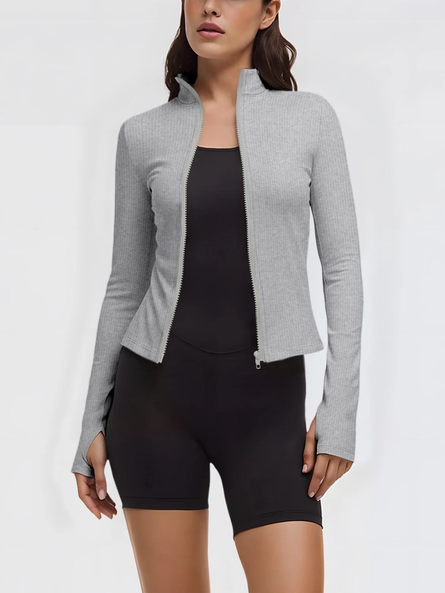 

Винтажная американская укороченная куртка на молнии с воротником-стойкой, из эластичной ребристой ткани, облегающего кроя, в стиле преппи, для повседневной носки, универсальная, удлиненная