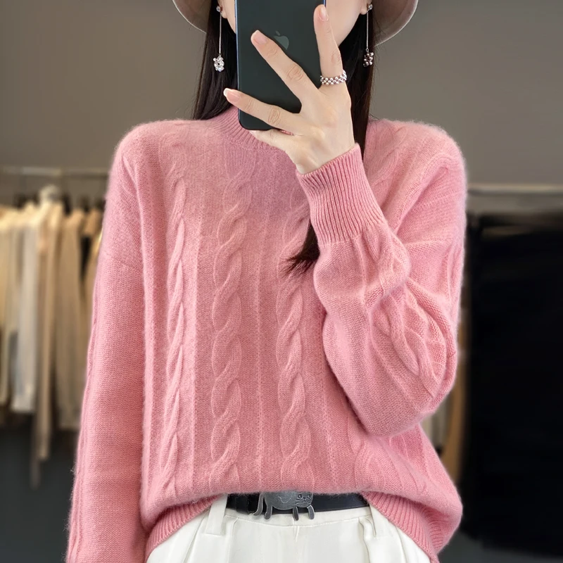 Fall/Winter 2023 New 100% Merino Wool Women\'s Semi-high Neck Solid Color Long Sleeve Sweater Knitted Pullover Leisure