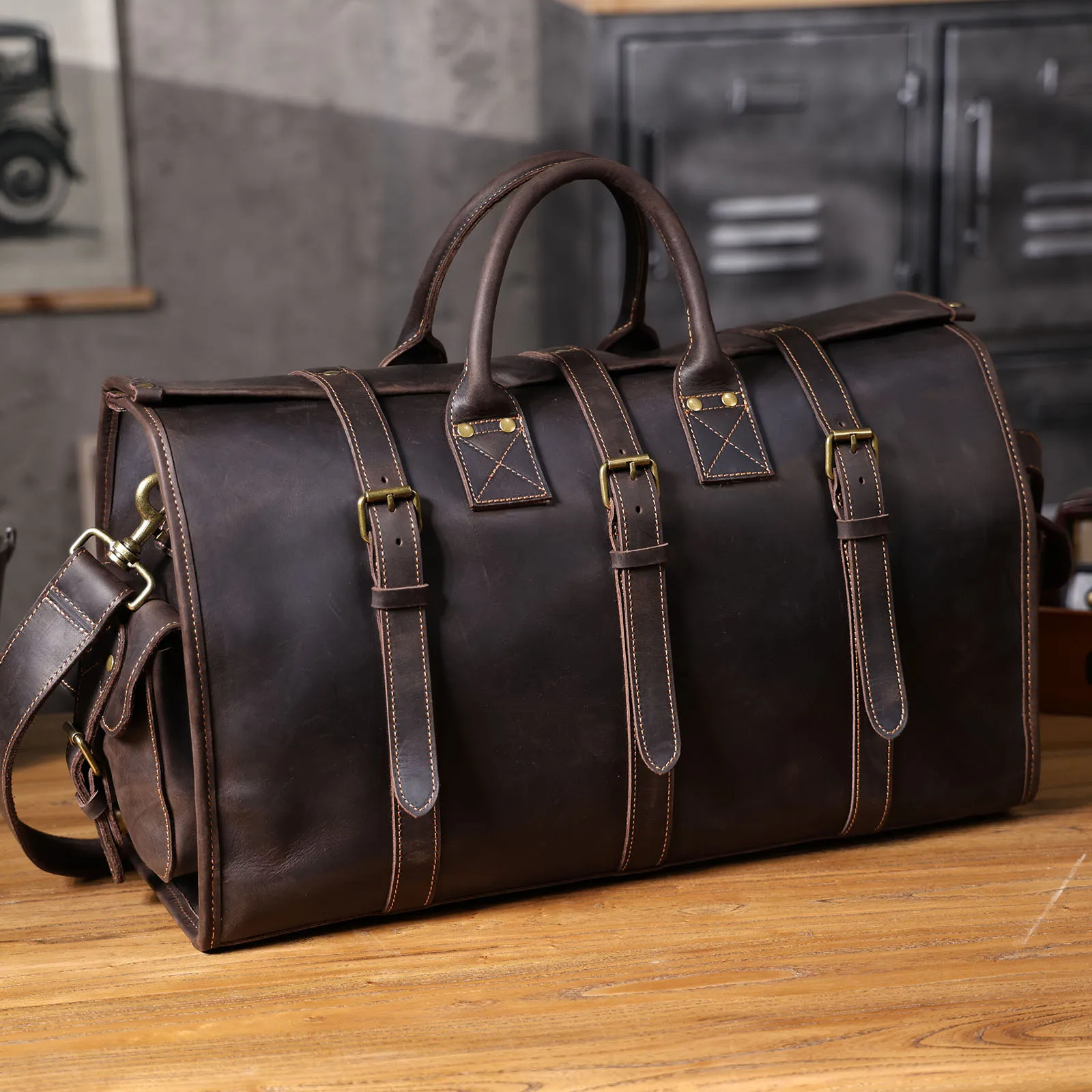 Vintage Echtleder-Reisetasche für Herren, Große Kapazität, Leder-Sporttasche, Klassischer Stil, Wochenendtasche, Übernachtungstasche – Detail 8