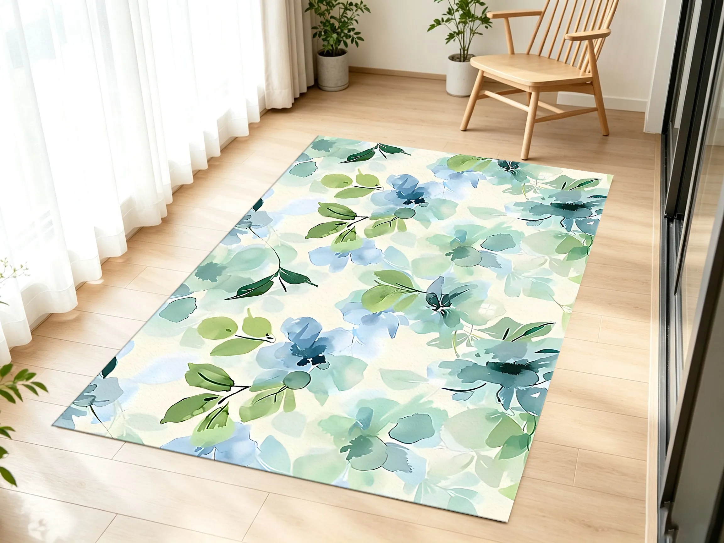 Watercolor Washes of Hydrangeas, Green Berries, and Leaves Create a Fresh and Clean Look, Perfect for a Spring Housewarming A Velvet Rug Can Be Used in the Living Room, Bedroom, or by the Bed to Create a Soothing and Refreshing Forest-Like Atmosphere.
