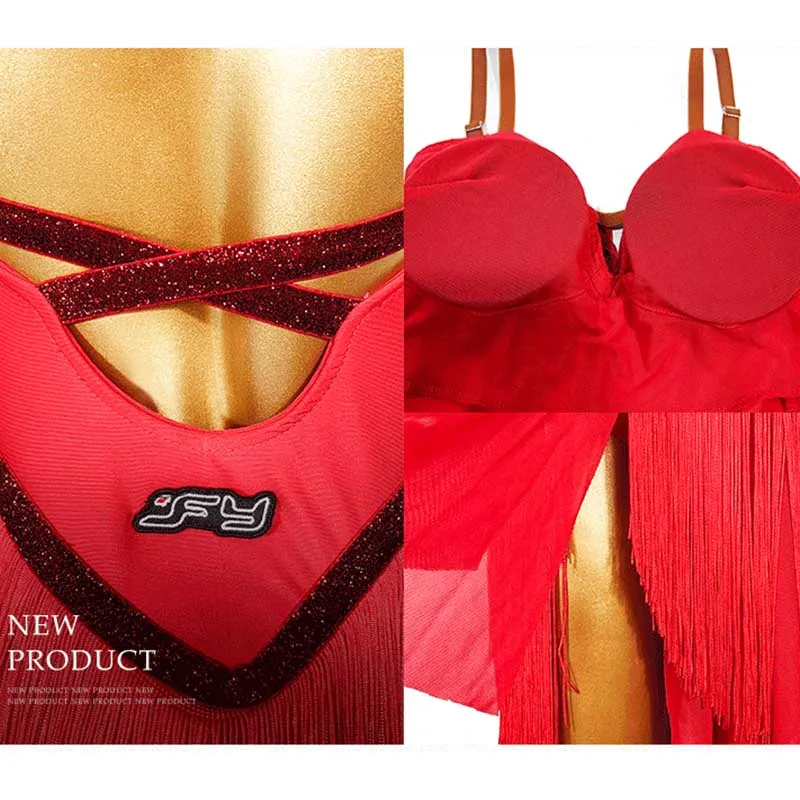 فساتين النساء اللاتينية الرقص هامش مثير الأحمر فستان بكتافة المنافسة اللاتينية أداء المرحلة ارتداء تشا تشا سامبا الرقص الزي 1704