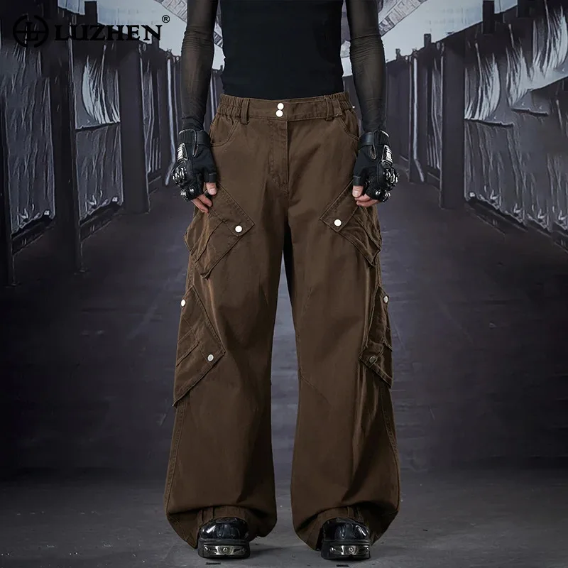 LUZHEN New Solid Color Multi Pockets Decorate Loose 2026 Straight Cargo Trousers Men Fashion Street Wide Leg Casual Pants JY8627