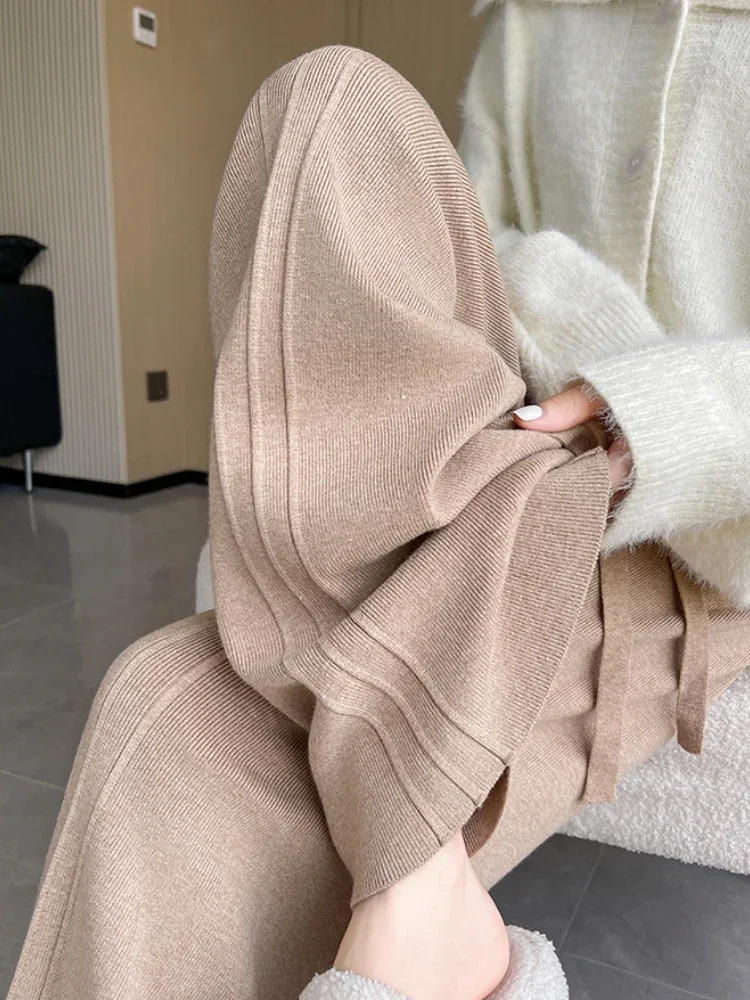 

Вязаные широкие брюки для женщин, удобные толстые теплые кашемировые женские брюки, осенне-зимние эластичные черные брюки с высокой талией XT1527