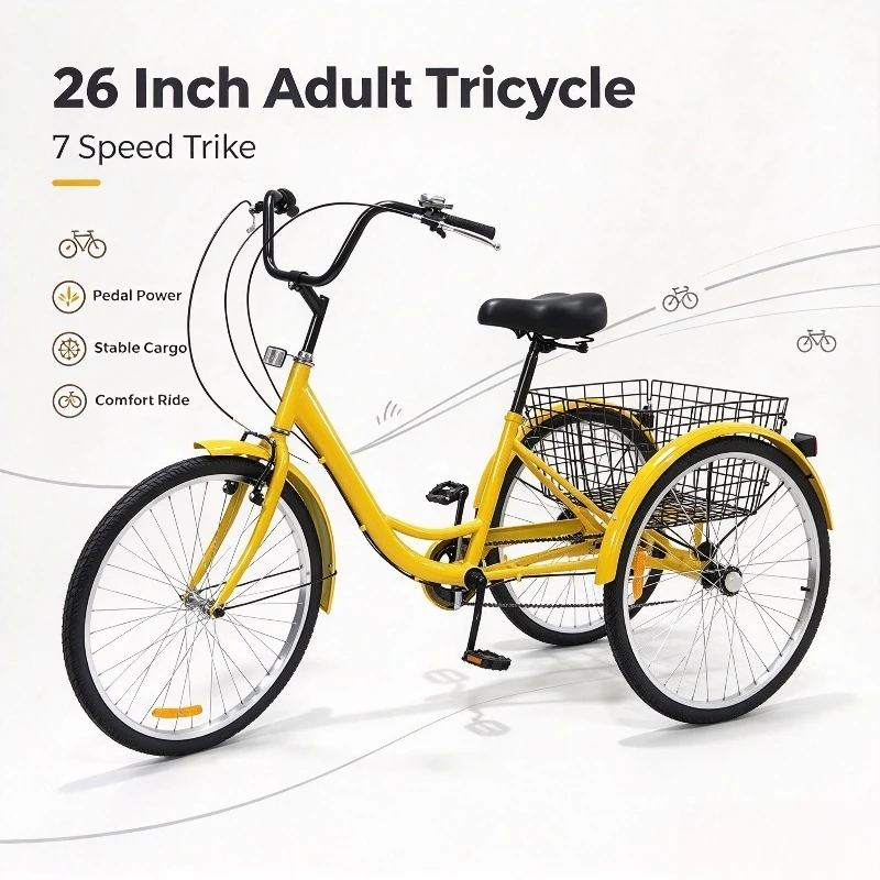 26 Inch 7 Speed Pedal Tricycle, Human Powered 3 Wheel Bike, Senior Mobility Tricycle for Daily Outdoor Riding