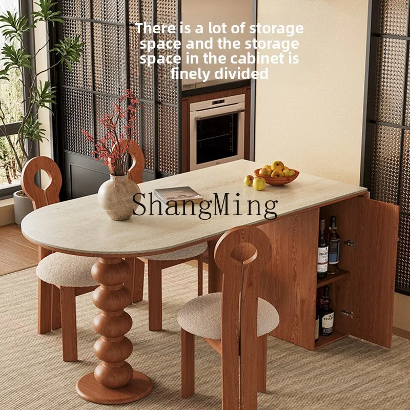 

SM retro travertine rock slab dining table oval home foldable storage solid wood island dining table
