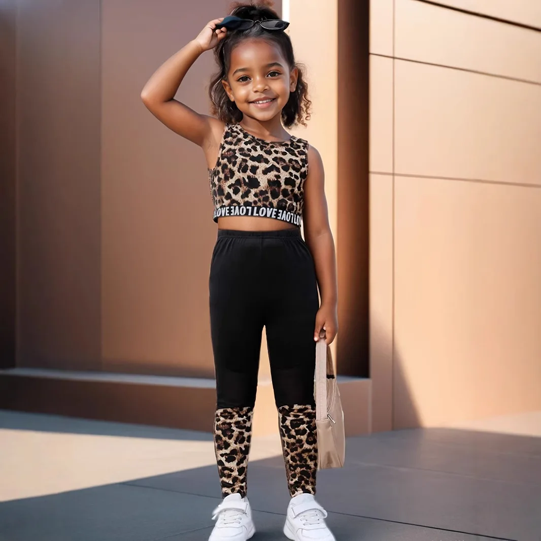 New 2025 Girls Summer Fashion Clothing Sets Baby Girls Sleeveless Leopard Letter Print Crop Tops + Pants Sports Suit
