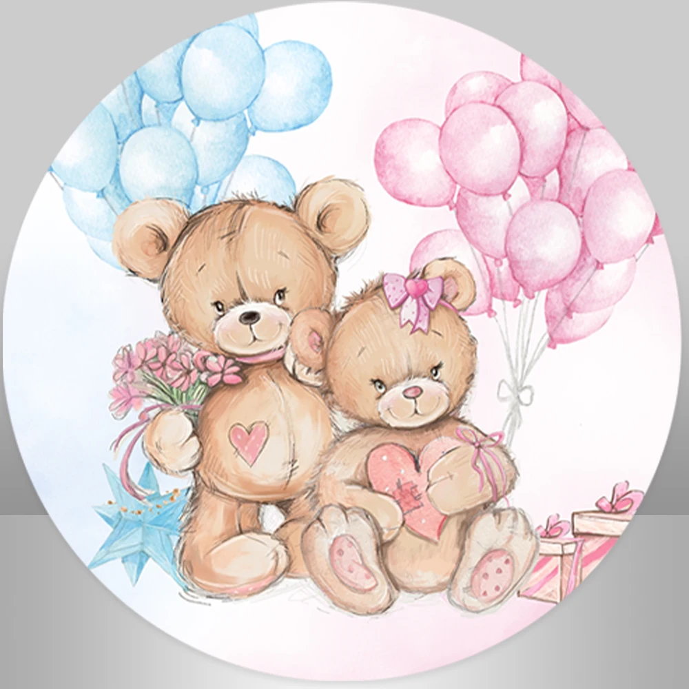 Boy or Girl Bear Round Backdrop Cover Gender Reveal Party Baby Shower Circle Background Balloons Arch Wall Backrops