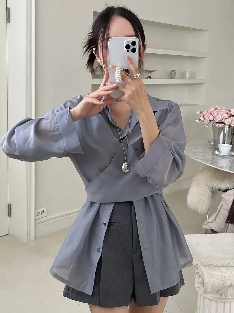 

Slimming Chic Cross Tie Waist irt Women's Vintage Stand Collar Design Lightweight Long Sve Korean Sle Loose Fit