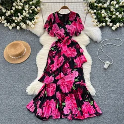 French series Bandage V-neck floral short sleeve ruffle dress summer waist cinching  chiffon mermaid dresses