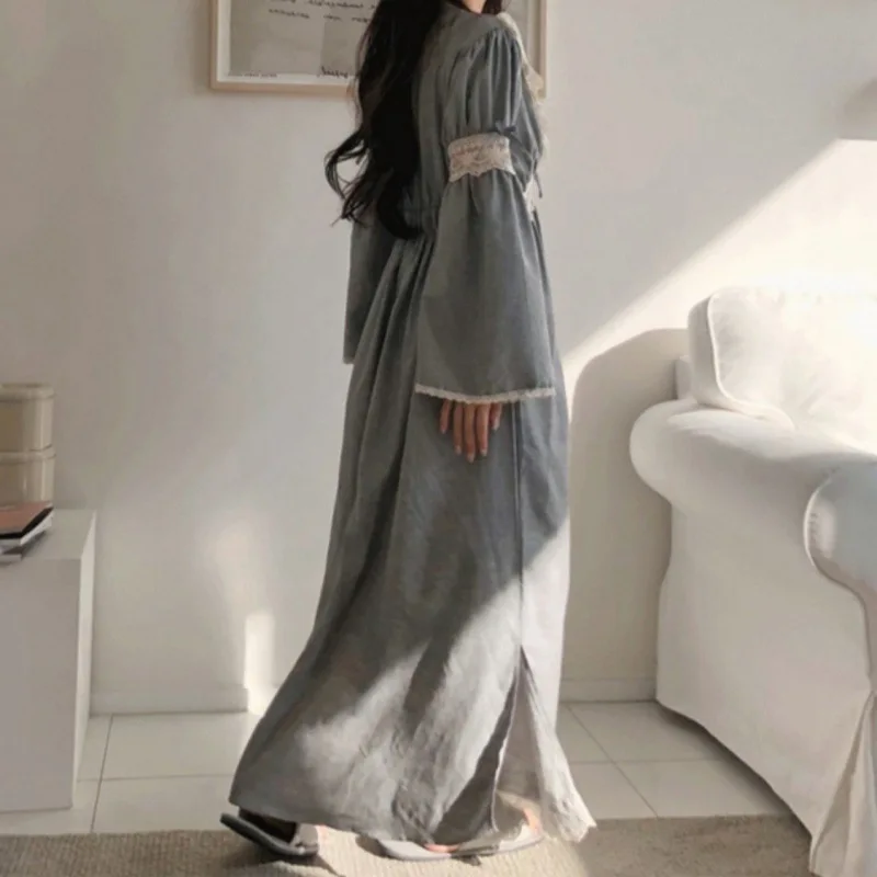 Vintage Nightgowns Women Autumn Lace V-neck Pajamas Dress Long Homewear Home Outside Casual Gray Loose Nightgown Sleeping Woman