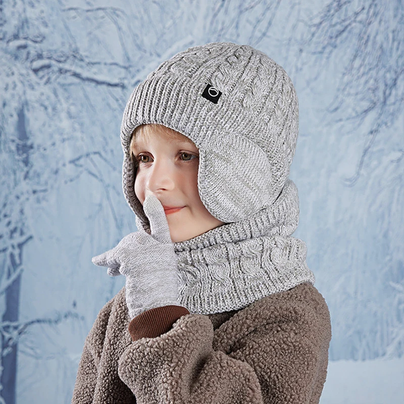 2pcs 3pcs children winter hats snood gloves set knit beanies hats ears muff thickened fleece-lined kids girl boy hats sets 4-10Y