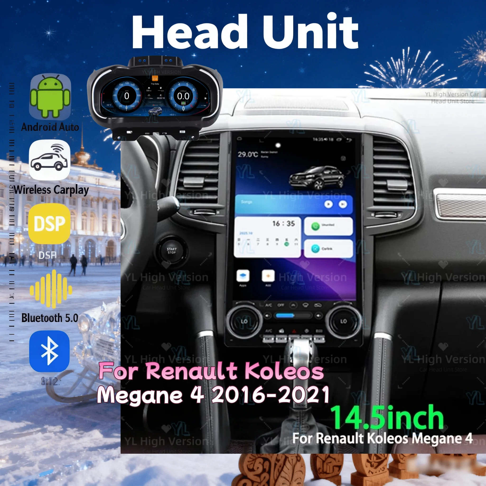 14.5 Inch Android 14 Carplay Radio Screen For Renault Koleos Megane 4 2016-2019 Car Radio Multimedia Player GPS Headunit BT 5.0