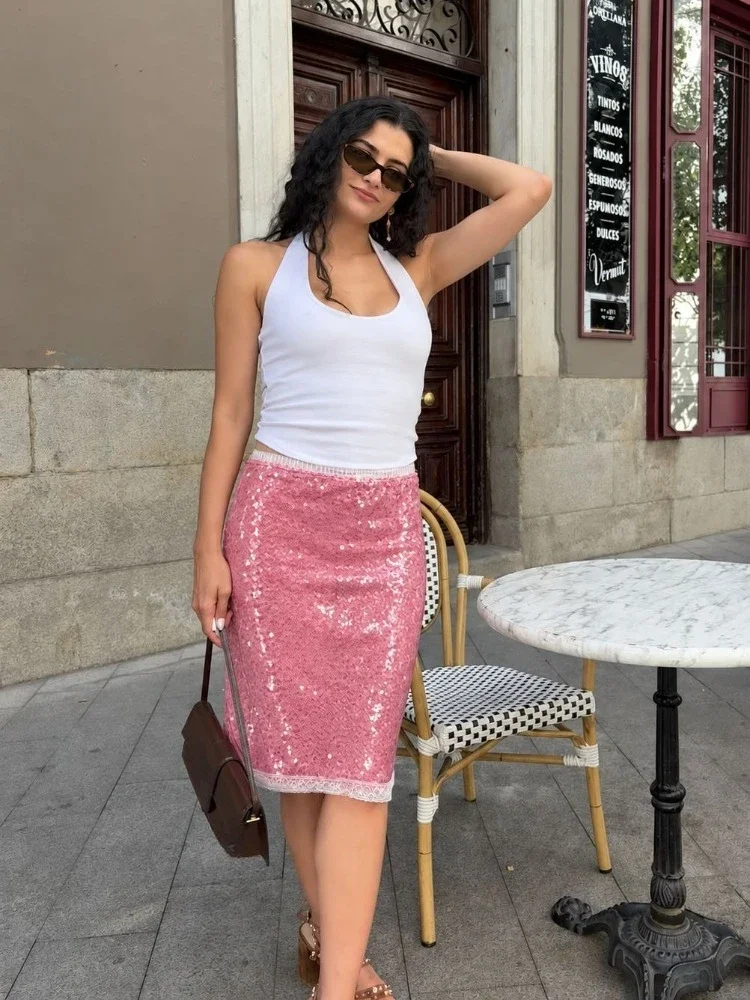 Woman Clothes Low Waist Sequins Skirts Ladies Trendy Pink Evening Party Skirt Polka Dot Package Hip Night Club Dress Streetwear
