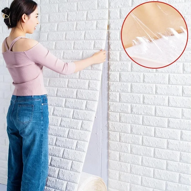 70cm*100cm 3D Wallpaper Wall Sticker White Self Adhesive Soft Foam Brick Living Bedding Room Wall Decoration DIY Protect Paper