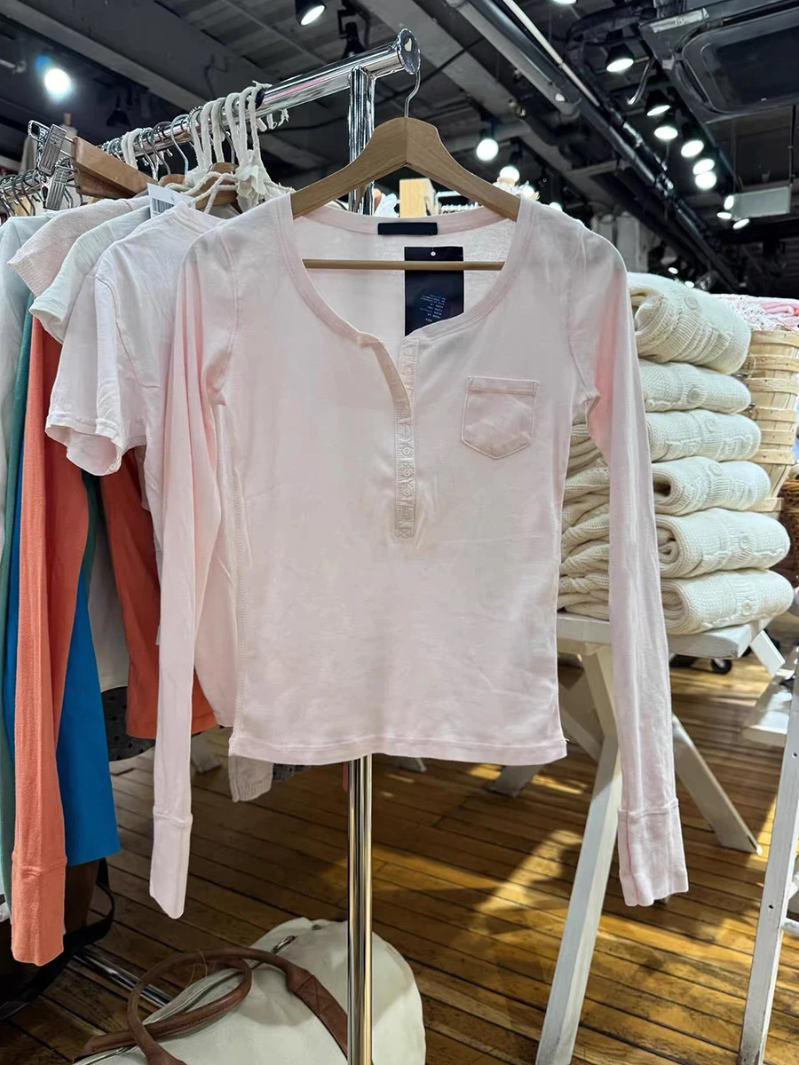 Pink Nine Button Long Sleeve Tees Women Simple Streetwear Slim Pocket Cotton Soft O-neck Tops Sweet Casual Chill T-shirts Y2K