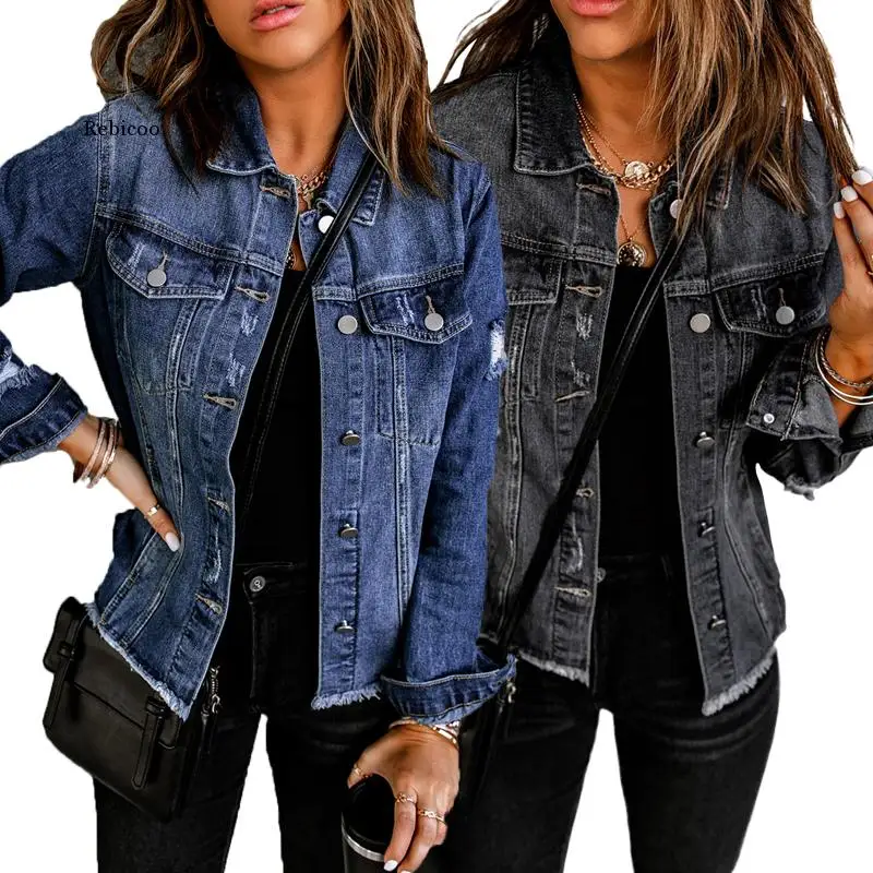 2021 High Fashion Jean Jacket Buttons Distressed Crop Denim Jacket Women