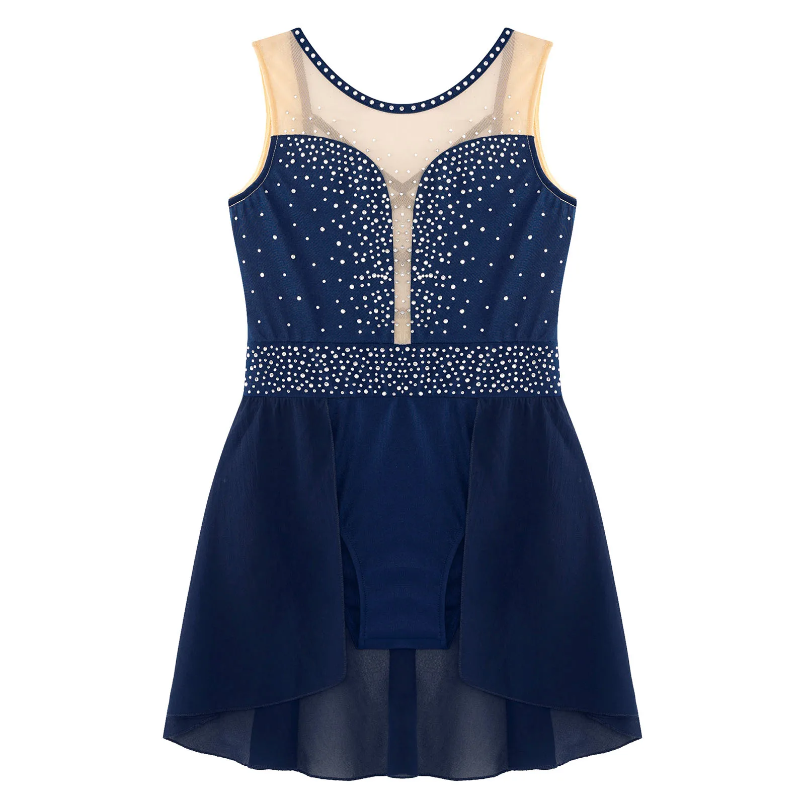 Girls Figure Skating Modern Lyrical Dance Dress Gymnastics Acrobatics Ballet Leotard Sleeveless shiny Rhinestone Mesh Bodysuit