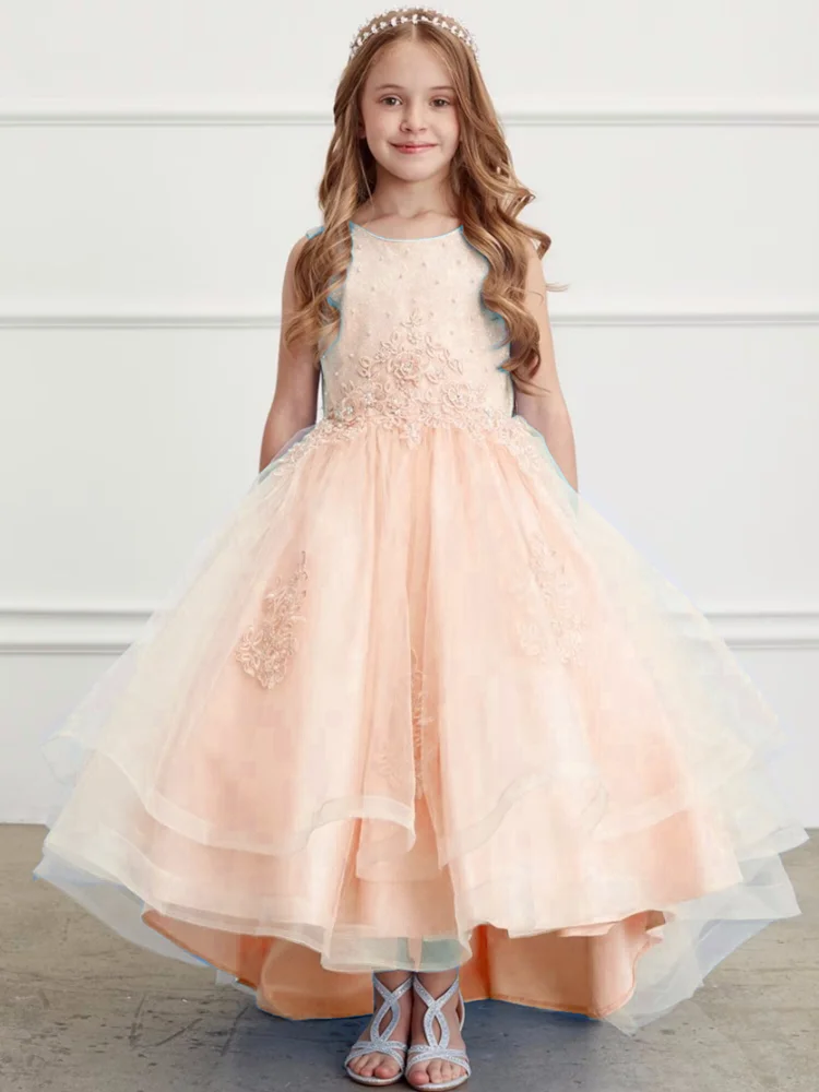 

Orange Flower Girl Dresses Tulle Appliques With Bow Hight-Low Skirt Sleeveless For Wedding Birthday First Communion Gowns